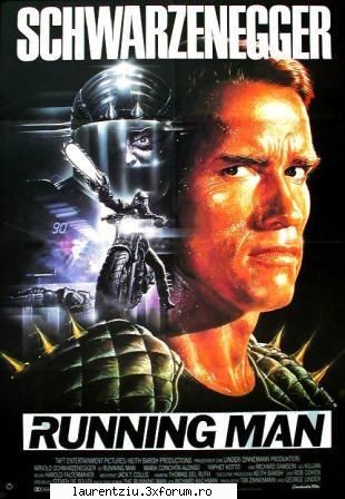 the running man (1987) parody within action thriller. arnold plays innocent man who sentenced the SEFU'